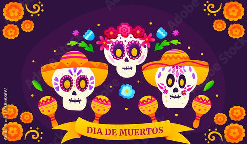 Dia de los muertos greeting banner with colourful sugar skulls and flowers, mexican day of dead with cute skeletons in cartoon style on dark background with marigolds, festival celebration