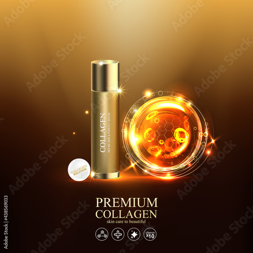 Collagen Gold Serum and Vitamin Premium Background Effect for Skin Care Cosmetic Poster.