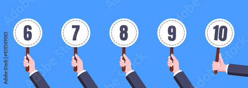 Hand hold round score card banner plate with numbers 6, 7, 8, 9, 10 business concept flat style design vector illustration. Votes jury judges of tournament or contest.