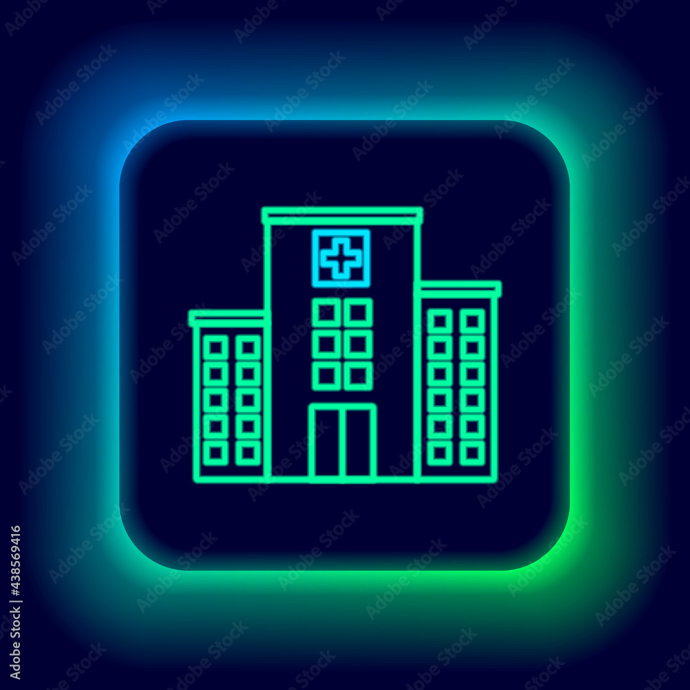 Glowing neon line Medical hospital building with cross icon isolated on black background. Medical center. Health care. Colorful outline concept. Vector Glowing neon line Medical hospital building with cross icon isolated on black background. Medical center. Health care. Colorful outline concept. Vector