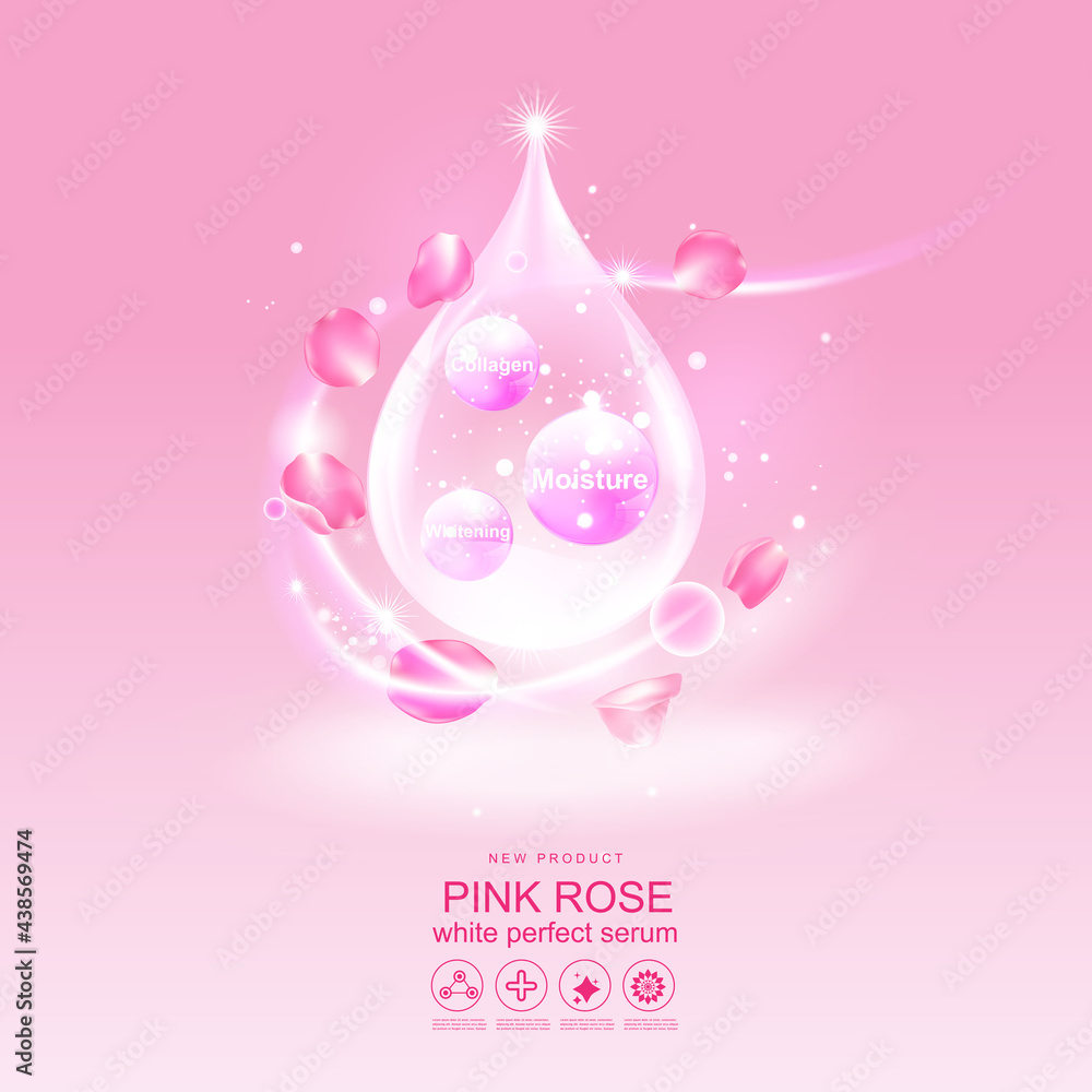 Rose Collagen Solution Serum and Vitamin Pink Background for Skin Care Cosmetic concept. Rose Collagen Solution Serum and Vitamin Pink Background for Skin Care Cosmetic concept.