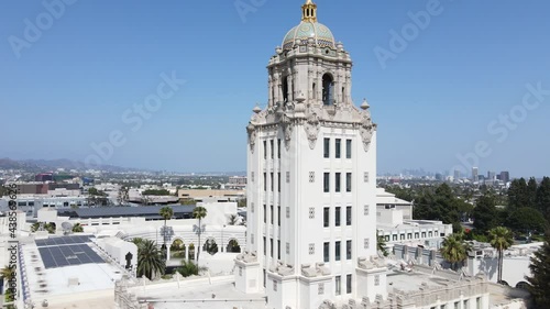 Aerial View of Beverly Hills City Hall, Los Angeles California USA. Landmark and Administration Building on Sunny Day, Drone Shot
