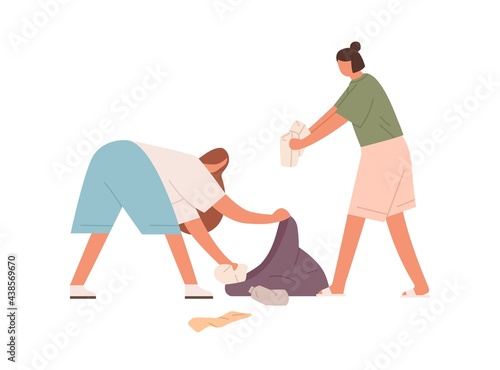 People picking and collecting garbage into trash bag. Eco-volunteers cleaning environment from plastic litter. Rubbish collection concept. Colored flat vector illustration isolated on white background