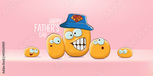 happy fathers day horizontal banner with cartoon father potato and son potato. cartoon funny comic fathers day vector label or icon isolated on soft pastel pink background