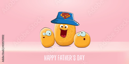 happy fathers day horizontal banner with cartoon father potato and son potato. cartoon funny comic fathers day vector label or icon isolated on soft pastel pink background