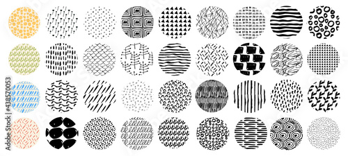 Set of abstract handdrawn highlight element, hand drawn texture for ig stories cover. Nordic scandinavian vector icon for social media story button. Collection of circle shape stripes, dots, scribbles