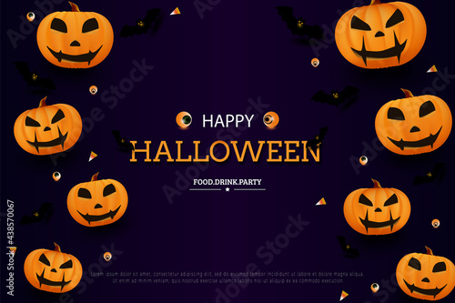 happy halloween with a background of some pumpkin and bat decorations on the right and left.