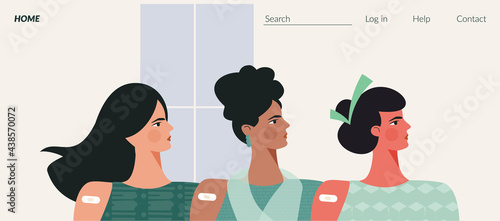 Diverse women after vaccination concept Vaccine injection in arm, shoulder. Set of multiracial female character after getting vaccine. Flat vector cartoon illustration for web banner, social advert