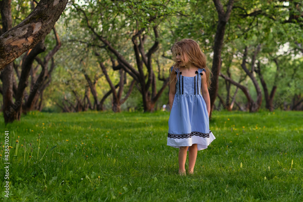 little girl runs barefoot on the grass. happy child on a hot summer day. little girl runs barefoot on the grass. happy child on a hot summer day.