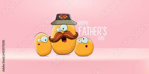 happy fathers day horizontal banner with cartoon father potato and son potato. cartoon funny comic fathers day vector label or icon isolated on soft pastel pink background