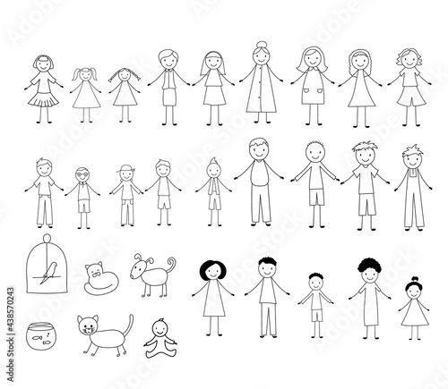Stick people. Adults, children and pets. Vector illustration in doodle style