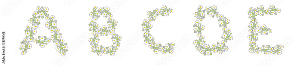 The letters A, B, C, D, E are made of white flowers