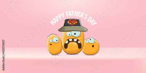 happy fathers day horizontal banner with cartoon father potato and son potato. cartoon funny comic fathers day vector label or icon isolated on soft pastel pink background