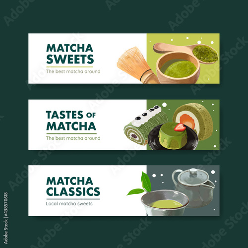 Banner template with matcha sweets concept,watercolor style