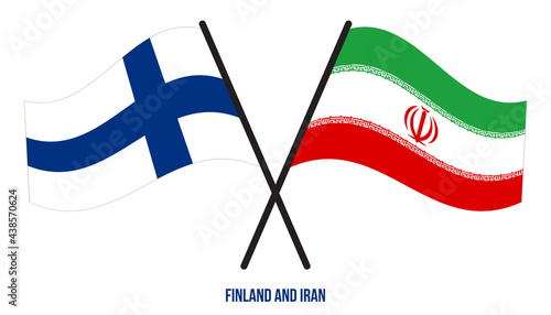 Finland and Iran Flags Crossed And Waving Flat Style. Official Proportion. Correct Colors.