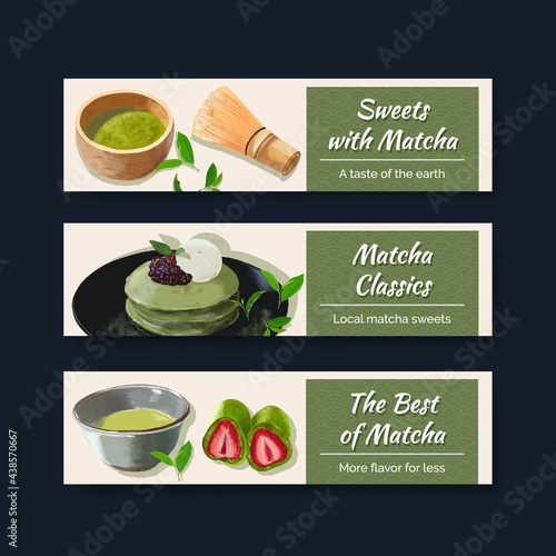 Banner template with matcha sweets concept,watercolor style