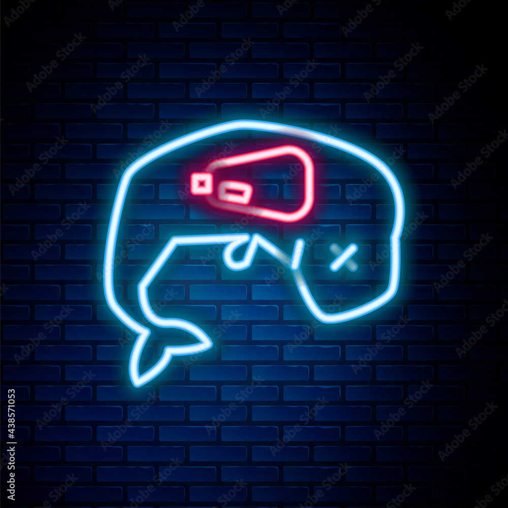 Glowing neon line Environment protection concept whale dead icon isolated on brick wall background. Colorful outline concept. Vector Glowing neon line Environment protection concept whale dead icon isolated on brick wall background. Colorful outline concept. Vector