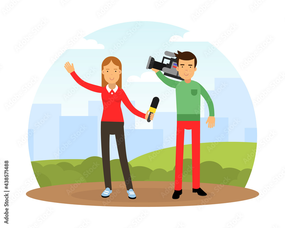 Female Journalist Conducting Interview on Television Broadcast Reporting News and Information Vector Illustration Female Journalist Conducting Interview on Television Broadcast Reporting News and Information Vector Illustration