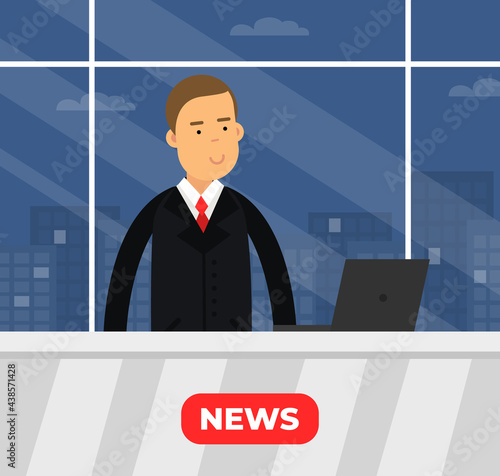 Male Journalist Reporting News and Information on Television Broadcast Vector Illustration