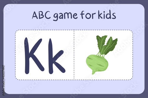 Kid alphabet mini games in cartoon style with letter K - kohlrabi green . Vector illustration for game design - cut and play. Learn abc with fruit and vegetable flash cards.