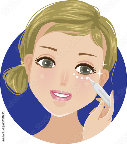 Eye skin care cute girl applying eye cream on skin under eyes cosmetic concept