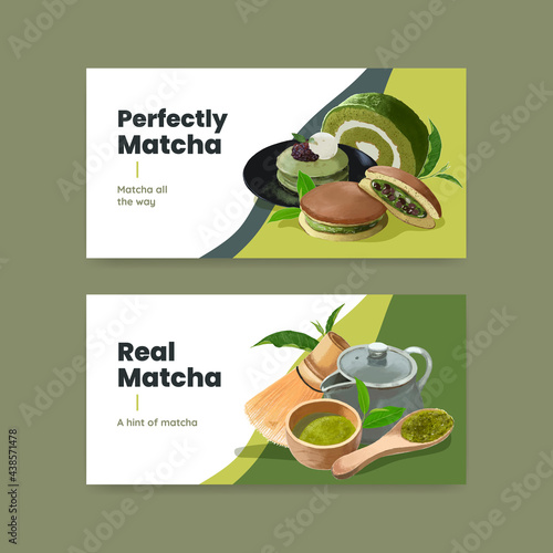 Twitter template with matcha sweets concept,watercolor style