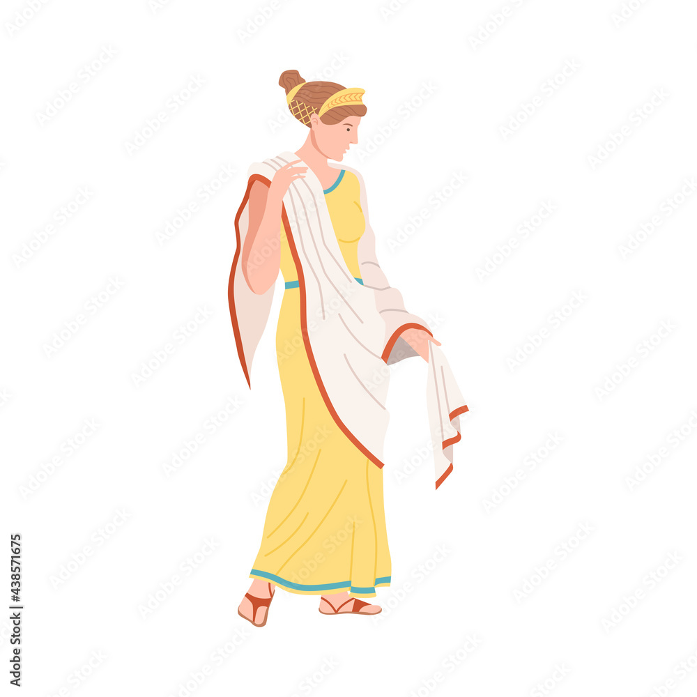 Young Female as Roman Empress in Long Dress Wearing Crown Vector Illustration