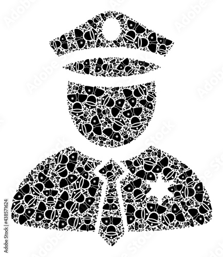 Recursion mosaic police guy. Vector mosaic is formed from random police guy parts. Flat vector design on a white background.