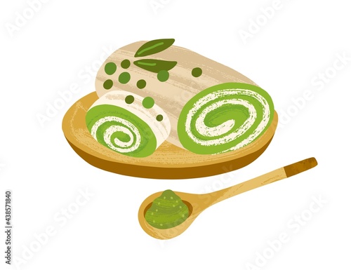 Matcha roll cake with white chocolate filling, served on wooden board with green tea powder. Airy sponge Japanese dessert. Tasty sweet Asian food. Isolated colored flat vector illustration