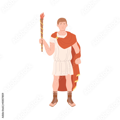 Young Male Roman Wearing Long Tunic and Sandals as Traditional Clothes Holding Torch Vector Illustration