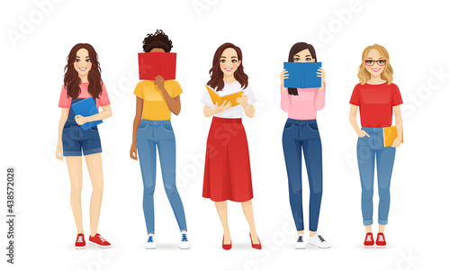 Young beautiful women holding books. Group of female friends isolated vector illustration
