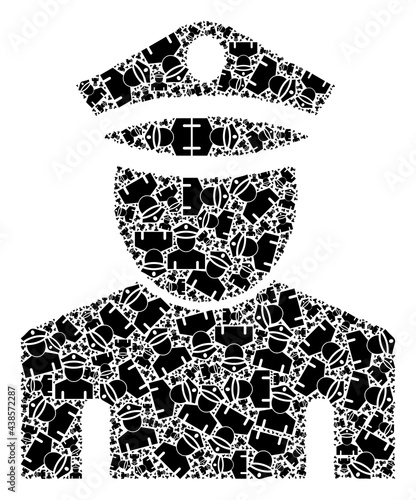Recursive collage policeman. Vector collage is formed with random policeman elements. Flat vector design on a white background.