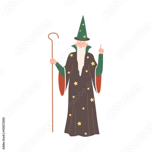 Wizard with Magic Stick and in Pointed Hat as Fabulous Medieval Character from Fairytale Vector Illustration