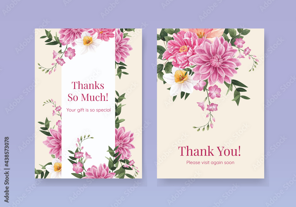 Thank you card template with spring flower concept,watercolor style