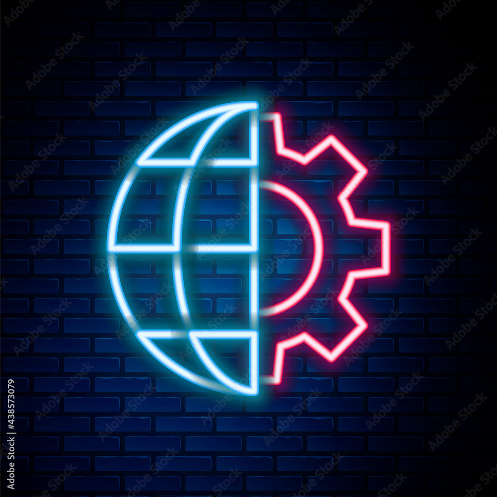 Glowing neon line Globe of the Earth and gear or cog icon isolated on brick wall background. Setting parameters. Global Options. Colorful outline concept. Vector Glowing neon line Globe of the Earth and gear or cog icon isolated on brick wall background. Setting parameters. Global Options. Colorful outline concept. Vector