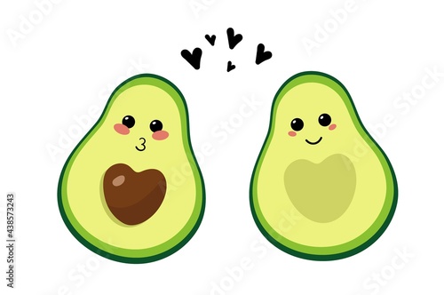 Cute couple of emojis avocado depicting a kiss, smile and hearts. Design for print, postcards. Vector illustration.