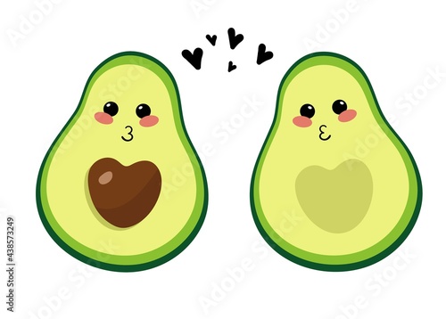 Cute couple avocado emoji with kiss image. Design for the decor of postcards. Vector illustration.