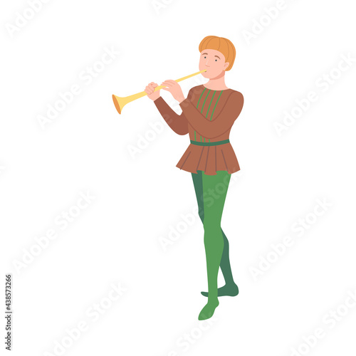 Bard or Minstrel Playing Trumpet as Fabulous Medieval Character from Fairytale Vector Illustration