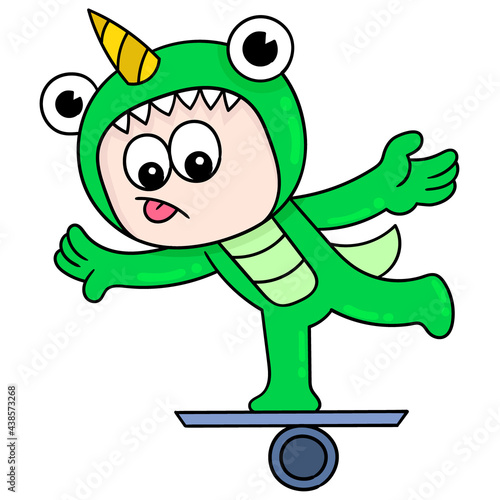 kids in horned monster costumes skateboarding, doodle icon image kawaii