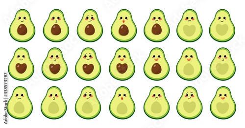 A set of twenty one cute avocado emojis with different emotions. Amusing collection. Avocado with a stone in the shape of a heart, with bone and boneless.