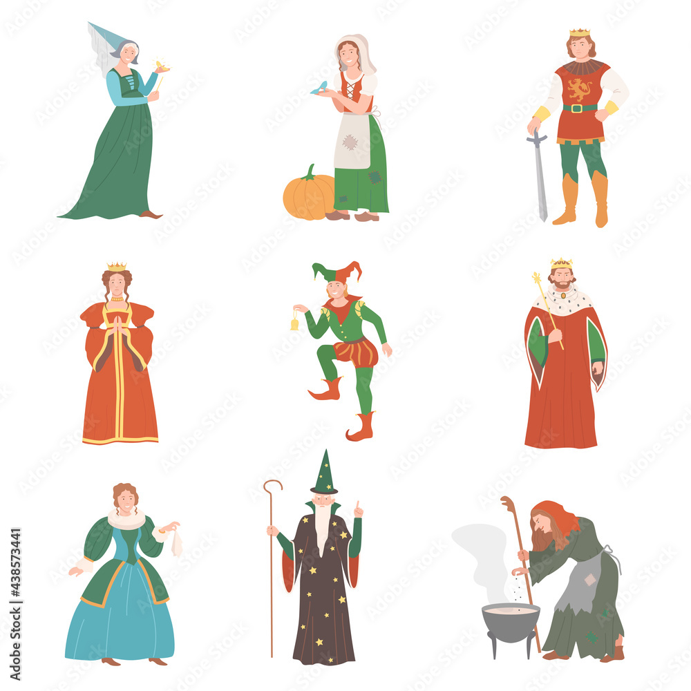 Fabulous Medieval Character from Fairytale with Cinderella and Fairy Vector Set