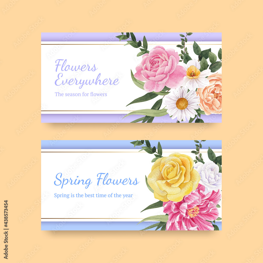 Twitter template with spring flower concept,watercolor style
