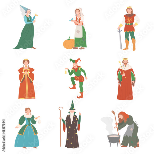 Fabulous Medieval Character from Fairytale with Cinderella and Fairy Vector Set
