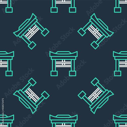 Line Japan Gate icon isolated seamless pattern on black background. Torii gate sign. Japanese traditional classic gate symbol. Vector