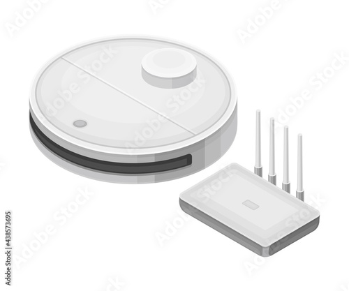 Vacuum Cleaner and Wireless Router as Smart City Isometric Vector Illustration