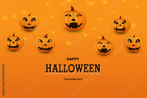 happy halloween on an orange pumpkin background above with a combination of light spots.