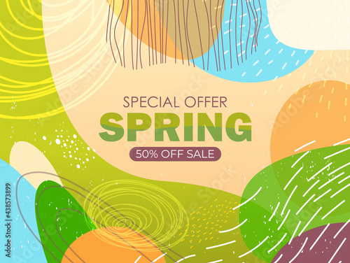 seasonal spring sale banner flyer or greeting card with decorative leaves and hand drawn textures