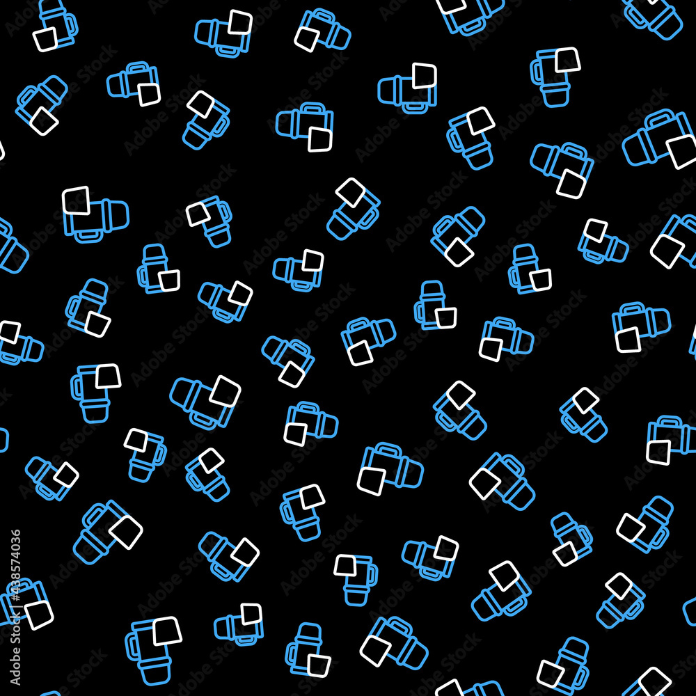 Line Thermos container and cup icon isolated seamless pattern on black background. Thermo flask icon. Camping and hiking equipment. Vector Line Thermos container and cup icon isolated seamless pattern on black background. Thermo flask icon. Camping and hiking equipment. Vector