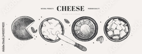 Hand-drawn hard and soft cheeses on a light background, top view. Feta, Ricotta, Gouda, young cheese, and a knife. Retro picture for the menu of restaurants, markets, and shops. Vector illustration.