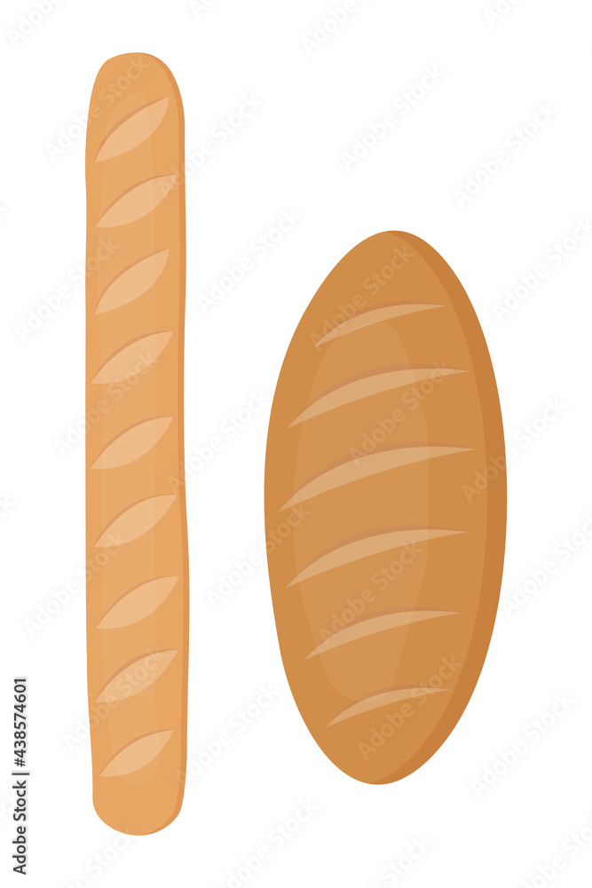 French baguette vector illustration. Bread icons in flat cartoon style isolated on white background. Bakery and pastry products French baguette vector illustration. Bread icons in flat cartoon style isolated on white background. Bakery and pastry products